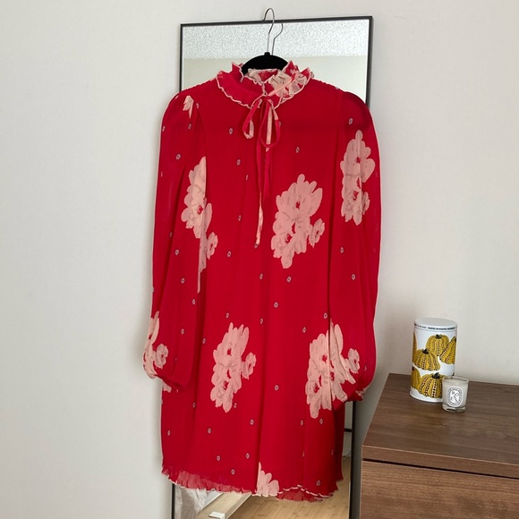 Ganni Floral Pleat Georgette Mini Dress Size 34 - Picture 5 of 6